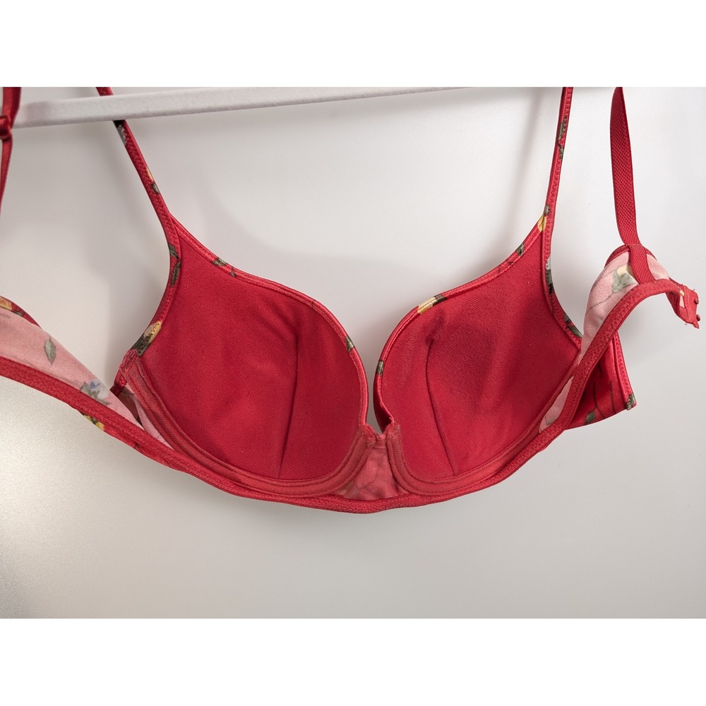 Vintage Y2K Victorias Secret Floral Satin Push Up Bra Size 36B Red Underwire - Picture 6 of 9